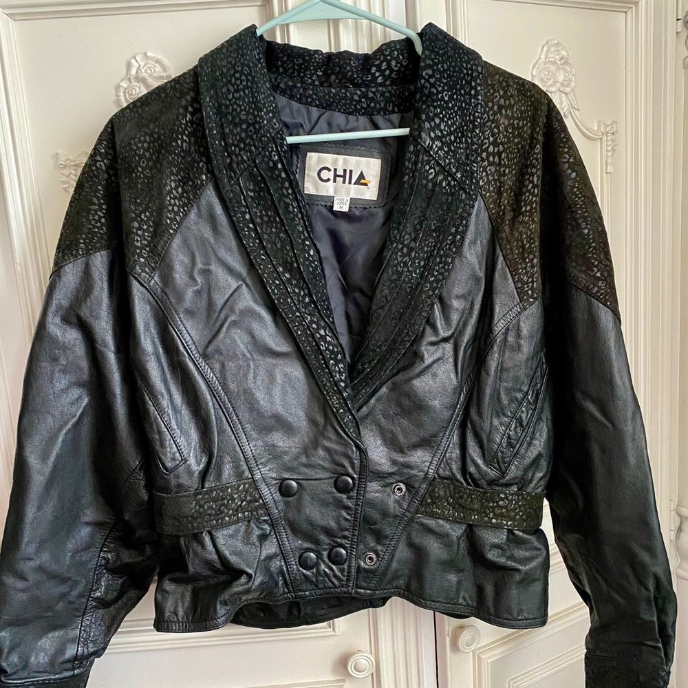 vintage 80s Chia cropped leather moto jacket w/leopard spots, women size medium